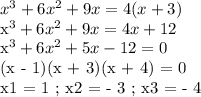 x^3 + 6x^2 + 9x = 4(x+3)&#10;&#10;x^3 + 6x^2 + 9x = 4x + 12&#10;&#10;x^3 + 6x^2 + 5x - 12= 0 &#10;&#10;(x - 1)(x + 3)(x + 4) = 0&#10;&#10;x1 = 1 ; x2 = - 3 ; x3 = - 4&#10;