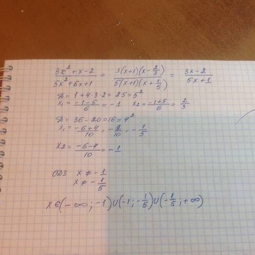 Сократить дробь 3х^2+x-2/5x^2+6x+1 и указать допустимые значения переменной.