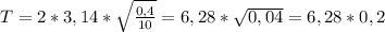 T = 2*3,14* \sqrt{ \frac{0,4}{10}} = 6,28 * \sqrt{0,04} }= 6,28 * 0,2