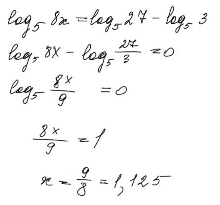 Какому промежутку принадлежит корень уравнения log 5 (8x)=log 5 27 - log5 3 1 (3: 4) 2 [2: 3] 3 (1: