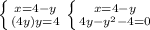 \left \{ {{x=4-y} \atop {(4y)y=4}} \right. \left \{ {{x=4-y} \atop {4y-y^2-4=0}} \right.