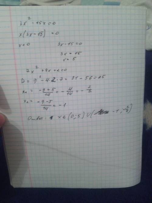 Найдите корни уравнения: 3x^2-15x=0 7x^2+9x+2=0