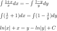 \int \frac{1+x}{x}dx =- \int \frac{1-y}{y}dy \\ \\ \int (\frac{1}{x}+1)dx = \int(1- \frac{1}{y})dy \\ \\ln|x|+x=y-ln|y| + C