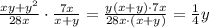 \frac{xy+y^2}{28x}\cdot \frac{7x}{x+y} = \frac{y(x+y)\cdot 7x}{28x\cdot(x+y)}= \frac{1}{4}y