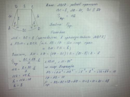 Основания равнобедренной трапеции равны 8 и 20,а её площадь равна 112. найти периметр трапеции