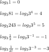 log_31=0\\ \\ log_381=log_33^4=4\\ \\ log_3243=log_33^5=5\\ \\ log_3\frac{1}{3}=log_33^{-1}=-1\\ \\ log_3\frac{1}{27}=log_33^{-3}=-3