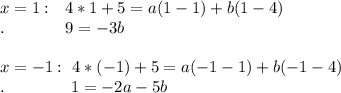 x=1:\ \ 4*1+5=a(1-1)+b(1-4)\\.\ \ \ \ \ \ \ \ \ \ \ 9=-3b\\\\x=-1:\ 4*(-1)+5=a(-1-1)+b(-1-4)\\.\ \ \ \ \ \ \ \ \ \ \ \ 1=-2a-5b