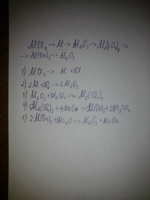 Осуществить превращения: alcl3 – al – al2o3 – al2(so4)3 – al(oh)3 – al2o3 c подробными уравнениями,