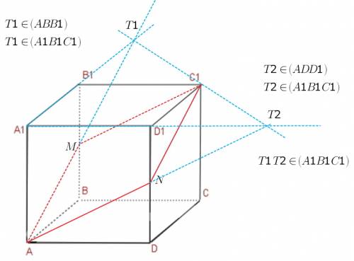 Побудуйте переріз куба abcda1b1c1d1 площиною, яка проходить через точки a, m, n, де точки m і n - се