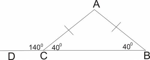 Вравнобедренном треугольнике авс с основанием вс∠b=40 градусов. найдите смежный угол при вершине с