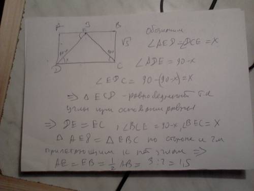 Впрямоугольнике abcd ав=3, вс=√5. точка е на прямой ав выбрана так, что угол аеd= углу dce. найдите