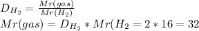 D_{H_2} = \frac{Mr(gas)}{Mr(H_2)} \\ Mr(gas) = D_{H_2}*Mr(H_2} = 2*16 = 32