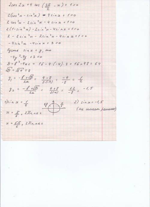 Решите уравнение; 2cos(2x) + 4cos( 3п/2 - x) + 1 =0 укажите корни этого уравнения,принадлежащие отре