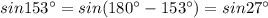 sin153^\circ =sin(180^\circ -153^\circ )=sin27^\circ