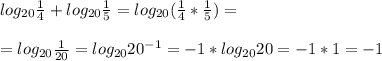 log_{20} \frac{1}{4}+log_{20} \frac{1}{5}=log_{20}( \frac{1}{4}* \frac{1}{5} )= \\ &#10; \\ &#10;=log_{20} \frac{1}{20}=log_{20}20^{-1}=-1*log_{20}20=-1*1=-1