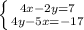 \left \{ {{4x-2y=7} \atop {4y-5x=-17}} \right.