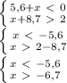 \left \{ {5,6+x\ \textless \ 0} \atop x+8,7\ \textgreater \ 2}} \right. \\\left \{ {x\ \textless \ -5,6} \atop x\ \textgreater \ 2-8,7}} \right. \\\left \{ {x\ \textless \ -5,6} \atop x\ \textgreater \ -6,7}} \right.