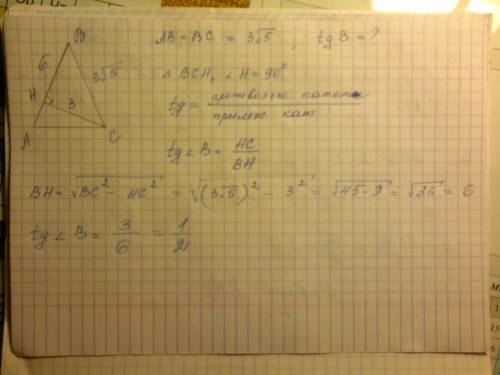 Втреугольнике abc ab=bc=3 корня из 5,высота ch равна 3. найти тангенс b