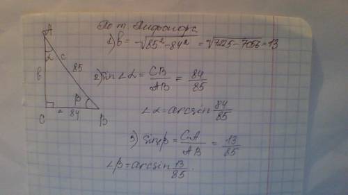 Решить по : дано: треугabc- прямоугольный гипотенуза c=85 катет а=84 определить: катет b углы альфа