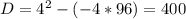 D = 4^{2} - (-4*96) = 400