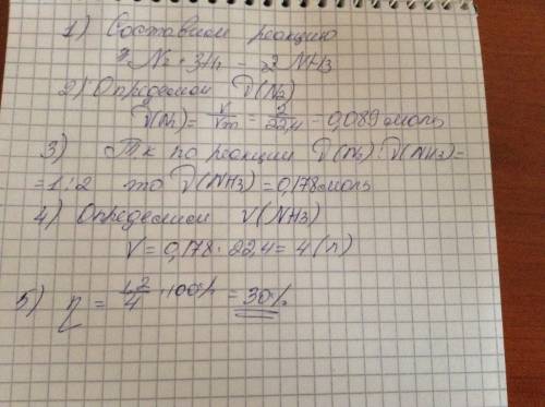 Из азота объемом 2 литра получили аммиак объемом 1.2 литра. определить выход продукта от теоретическ