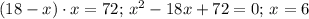 (18-x)\cdot x=72;\, x^2-18x+72=0;\, x=6