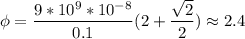\phi = \dfrac{9*10^{9}*10^{-8} }{0.1} (2+ \dfrac{\sqrt{2} }{2 } ) \approx 2.4