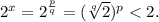 2^x = 2^\frac{p}{q} = (\sqrt[q]2)^p < 2 .