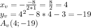x_v=-\frac{-8}{2*1}=\frac{8}{2}=4\\y_v=4^2-8*4-3=-19\\A_v(4;-19)
