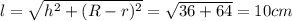 l= \sqrt{h^2+(R-r)^2}= \sqrt{36+64}=10cm