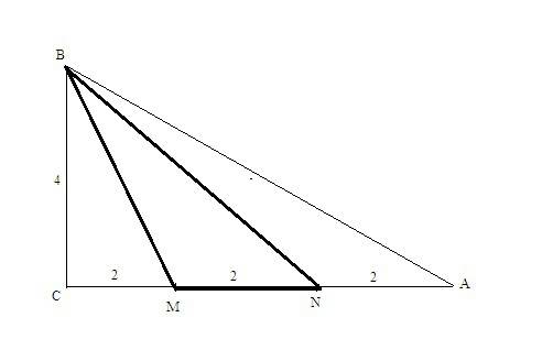 Длины катетов прямоугольного треугольника авс равны 6см и 4см. больший катет ас разделен точками м и