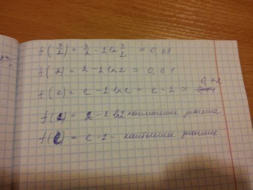 Найти наибольшее и наименьшее значение функции f(x)=x-2lnx на отрезке [3/2; e]