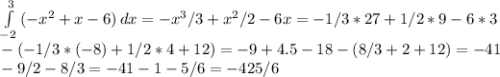 \int\limits^{3}_{-2} {(- x^{2} +x-6)} \, dx =- x^{3}/3 + x^{2}/2-6x=-1/3*27+1/2*9-6*3 \\ -(-1/3*(-8)+1/2*4+12)= -9+4.5-18-(8/3+2+12)=-41 \\ -9/2-8/3= -41-1-5/6=-42 5/6
