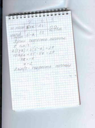 Лодка ч по течению реки, 5 ч против течения. проплыв 29км. скорость лодки 5км/ч. составить уравнение