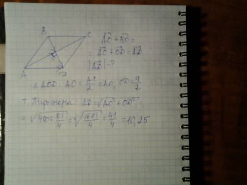 Диагонали ромба abcd пересекаются в точке о и равны 40 и 9. найдите длину вектора ао+во.