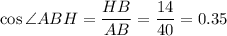 \cos \angle ABH=\dfrac{HB}{AB} =\dfrac{14}{40}=0.35