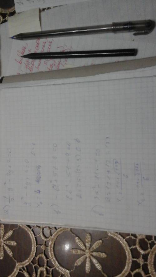 Решить квадратные уравнения по дискриминанту: а)½y²-2y+2=0 б)-6²+5t-9=0 в)3x²-11x-1=0