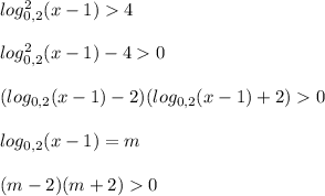 log^{2} _{0,2}(x-1)4\\\\log^{2}_{0,2}(x-1)-40\\\\(log_{0,2}(x-1)-2)(log_{0,2}(x-1)+2)0\\\\log_{0,2}(x-1)=m\\\\(m-2)(m+2)0