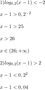 1)log_{0,2}(x-1)0,2^{-2}\\\\x-125\\\\x26\\\\x\in(26;+\infty)\\\\2)log_{0,2}(x-1)2\\\\x-1