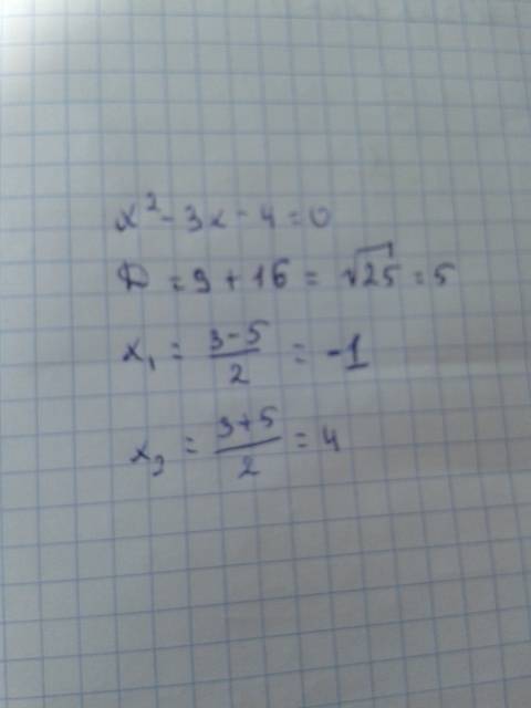Решить квадратное уравнение x^2 - 3x - 4 = 0