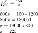 \frac{800}{1200}= \frac{150}{x} \\ &#10; \\ &#10;800x=150*1200 \\ &#10;800x= 180000 \\ &#10;x=18000:800 \\ &#10;x=225