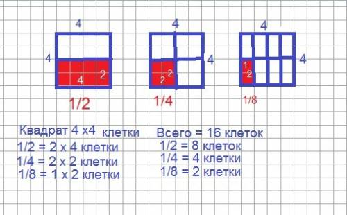 Перечертите в тетрадь квадрат 4 на 4 клетки. закрасьте : а) 1 2 б)1 4 в)1 8