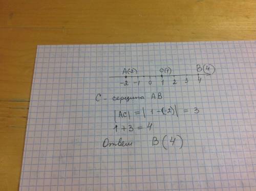 Точка c - середина отрезка ab. определите координату точки b, если a ( -2), c (1)