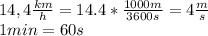 14,4 \frac{km}{h}=14.4*\frac{1000 m}{3600 s}=4 \frac{m}{s}\\1 min=60s