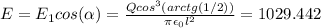 E=E_{1}cos( \alpha )=\frac{Q cos^{3}( arctg(1/2))}{ \pi \epsilon _{0} l^{2}} =1029.442