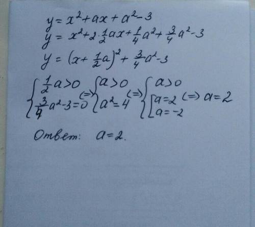 При каком значении параметра a парабола y=x^2-ax+a^2-3 касается оси ох в правой полуплоскости?