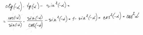 Спростіть вираз ctg(-α)∙tg(-α)-〖sin〗^2 (-α).