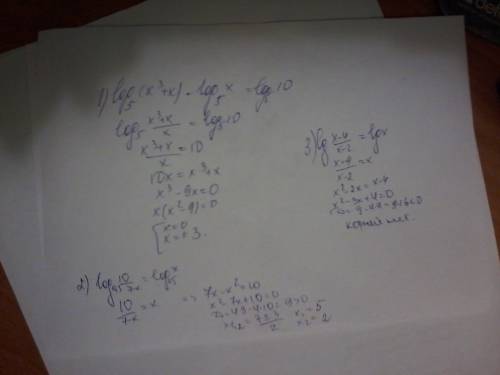 Нужно! решите уравнения! 1) log5(x^(3)+x)-log5x=log5 10 2)log0,5 10/7-x=log0,5x 3)lg x-4/x-2=lgx