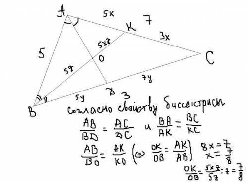 Бисcектрисы ad и bk треугольника abc пересекаются в точке o. чему равно отношение ok: ob, если ab=5