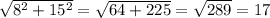 \sqrt{8^2+15^2}=\sqrt{64+225}=\sqrt{289}=17